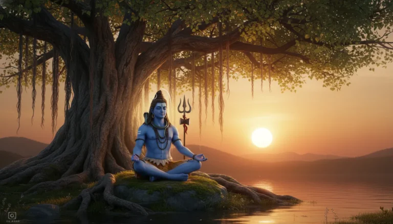 Lord Shiva sitting in meditation under a large banyan tree at sunset.
