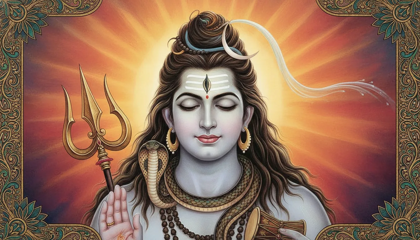 A calm portrait of Lord Shiva with a snake around his neck appears against a glowing golden sunset.