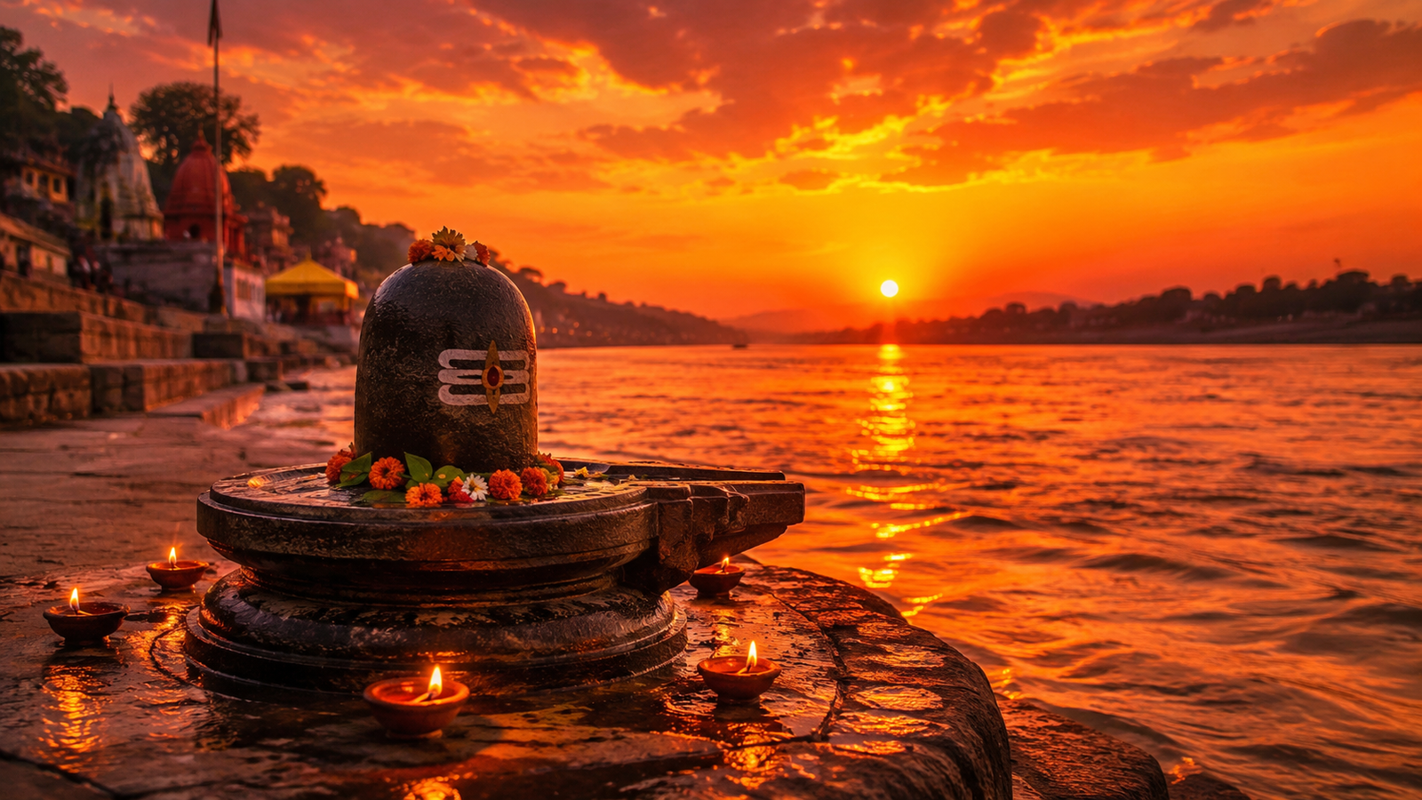 Stone Shiva Lingam on the banks of a river during a golden hour sunset with small diya lights.