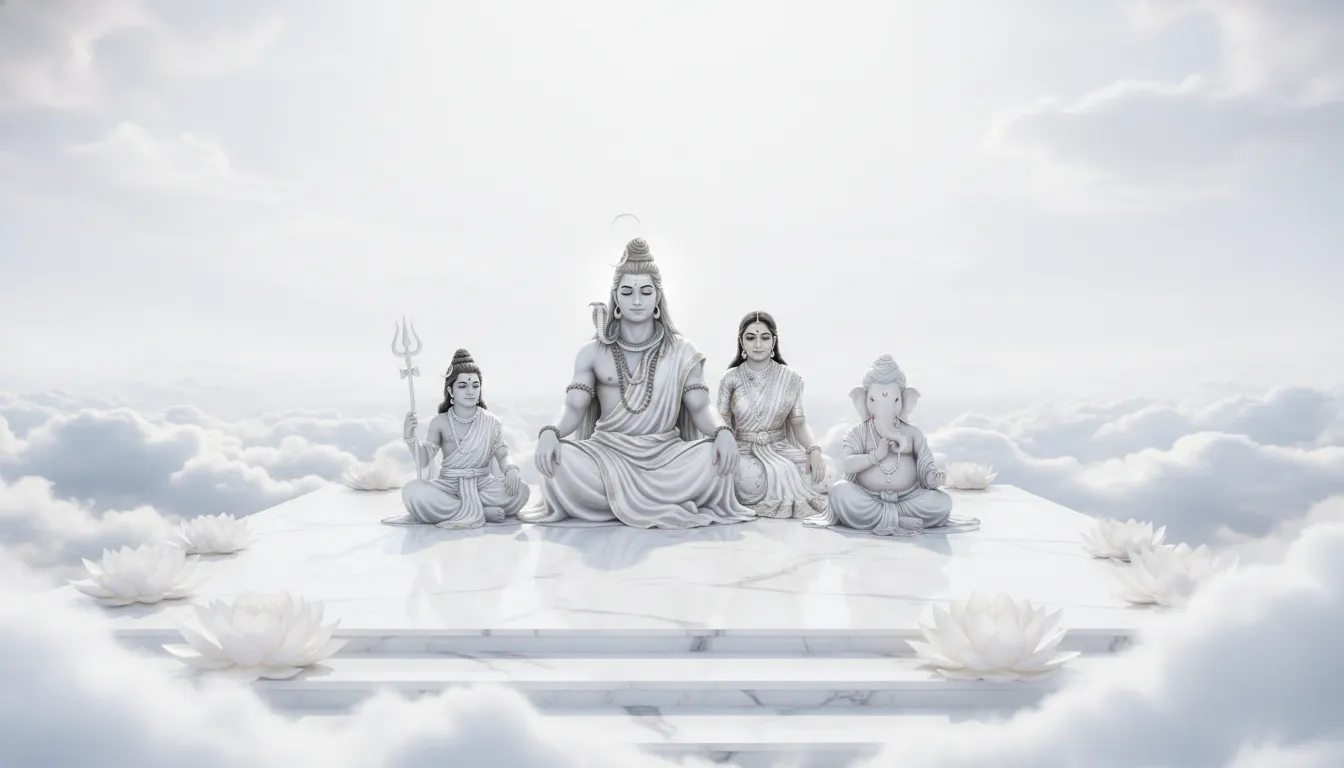 A peaceful and serene white-themed Mahadev full family photo representing pure spiritual peace and meditation.