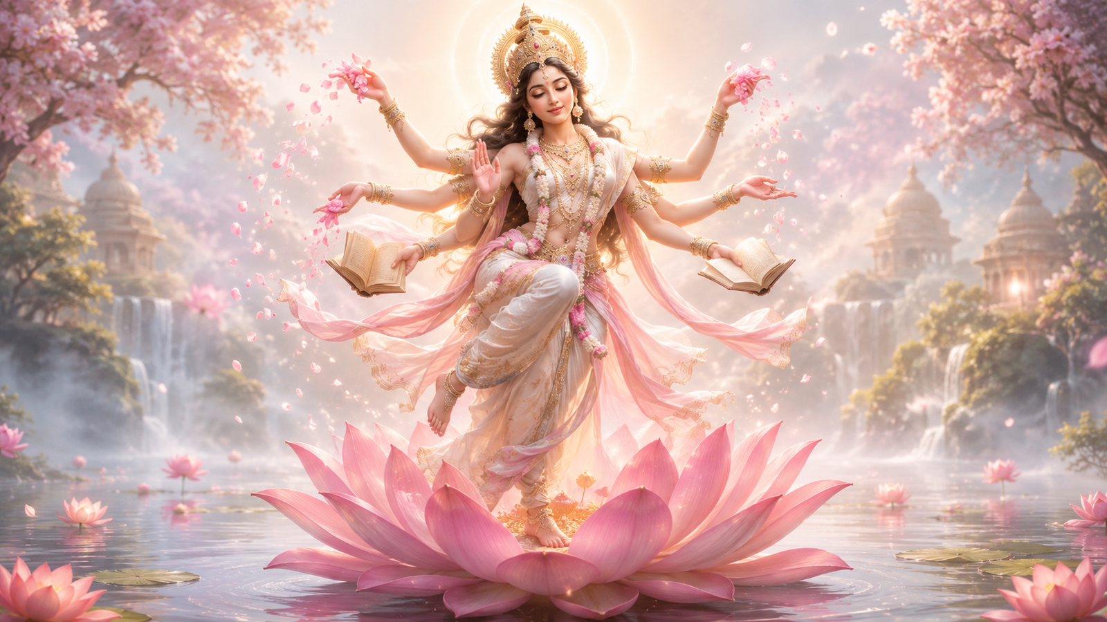 Peaceful illustration of a multi-armed deity dancing gently upon a blooming lotus flower