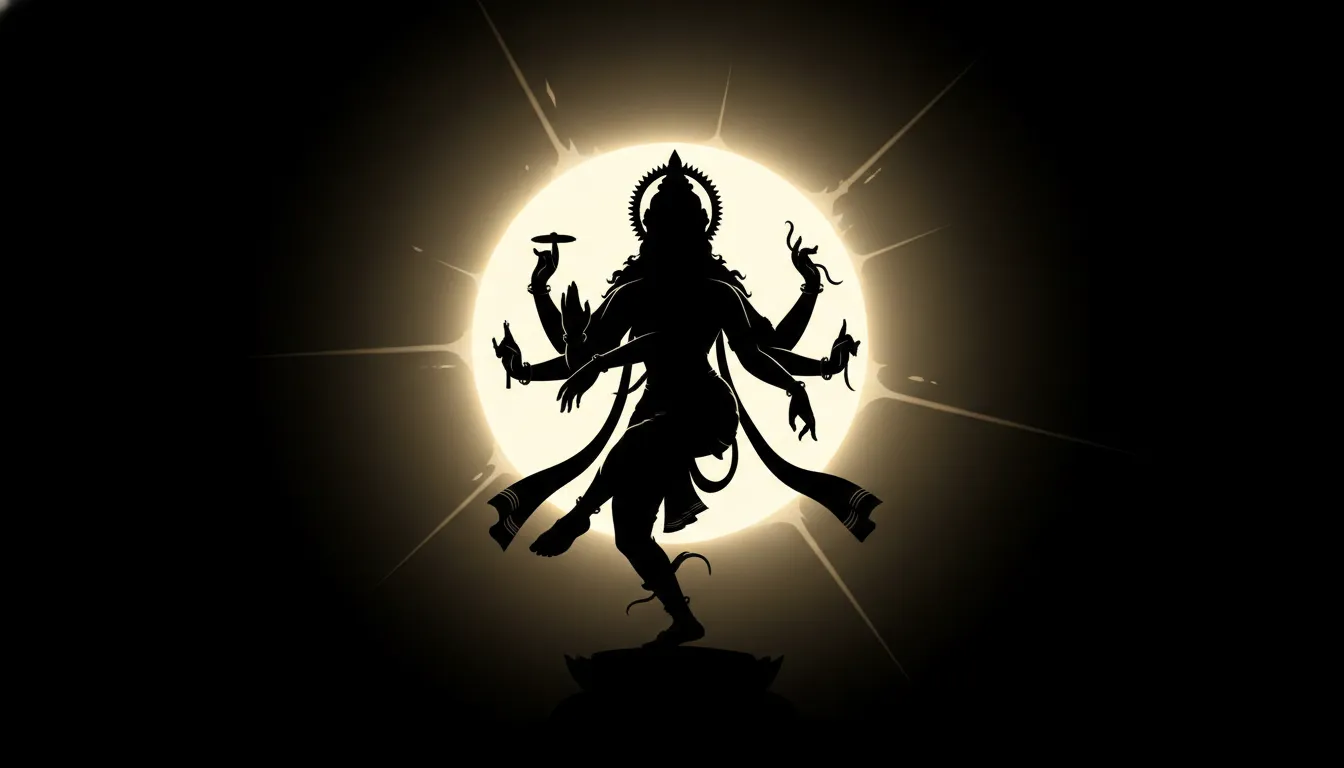 Striking silhouette illustration of a multi-armed dancing deity against a solar eclipse