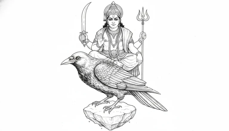 shani dev sitting on crow with weapons black and white line drawing