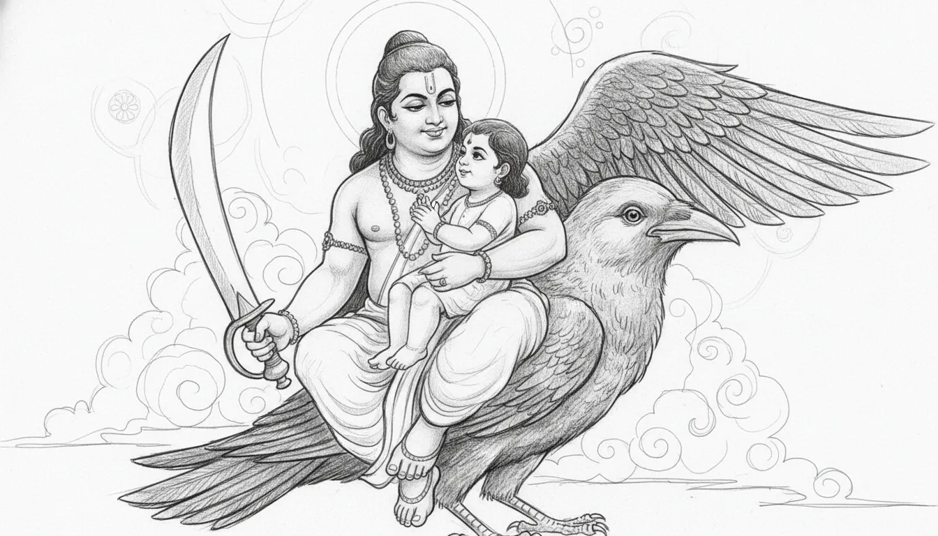 shani dev on crow gently carrying a small child devotee in his arms sketch