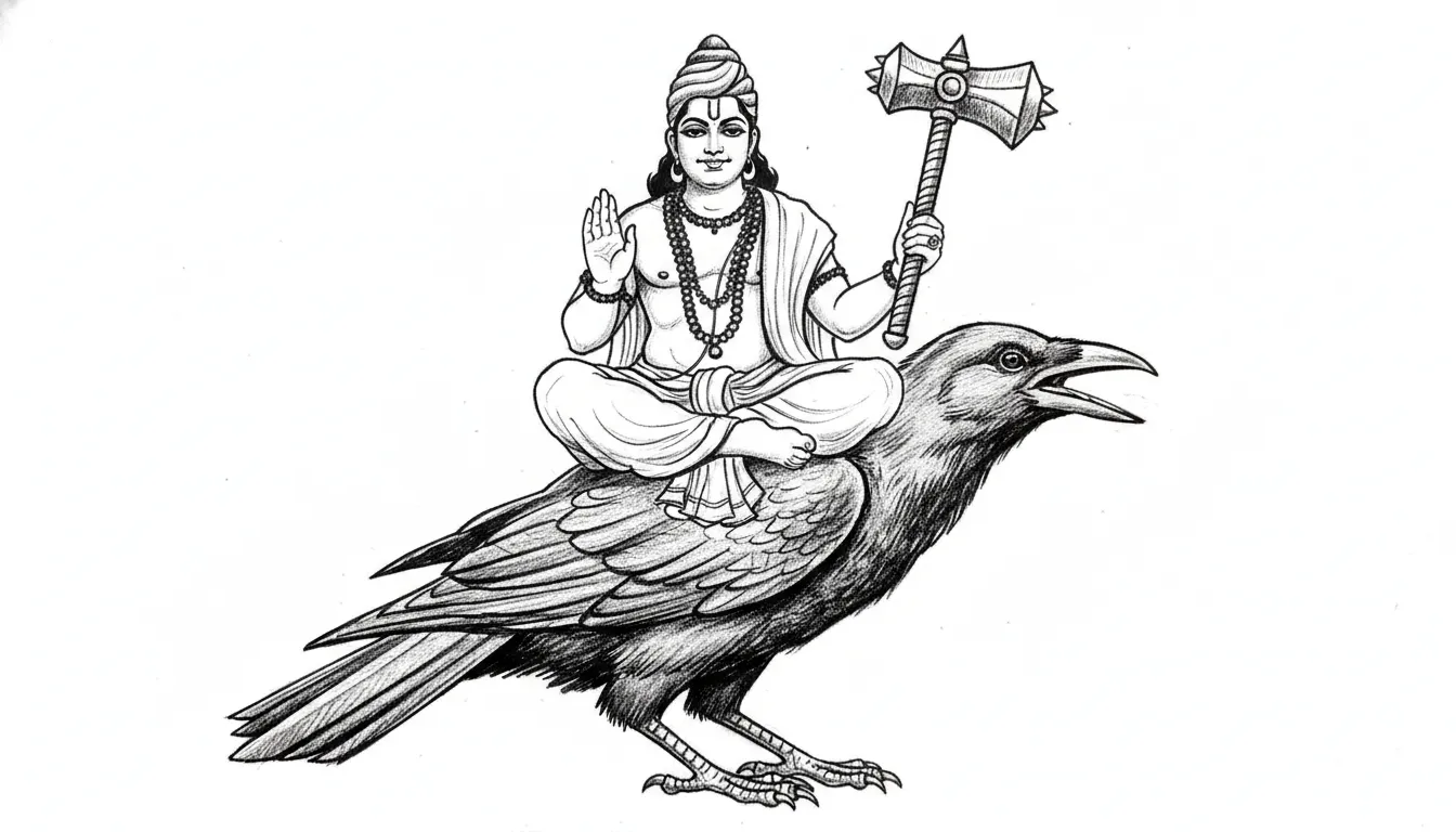shani dev on crow holding iron crowbar gada weapon detailed sketch