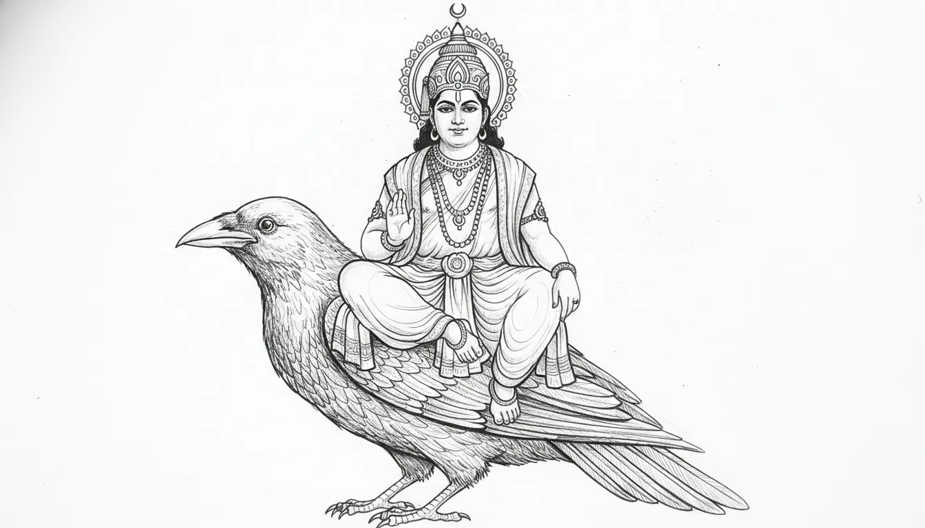 shani dev on crow wearing crown and royal attire detailed line drawing