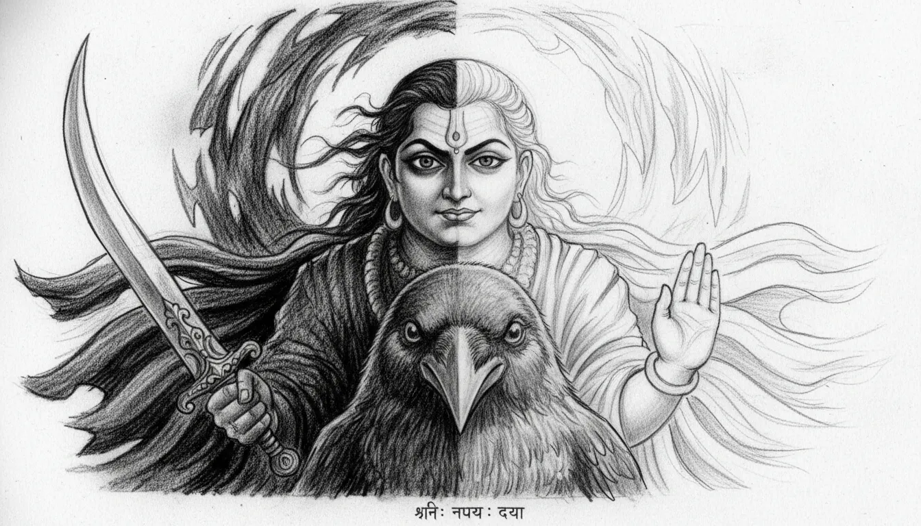 shani dev on crow with half fierce half calm dual expression face sketch