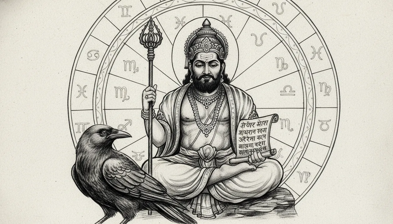 shani dev on crow with karma chakra wheel of fate drawn behind sketch
