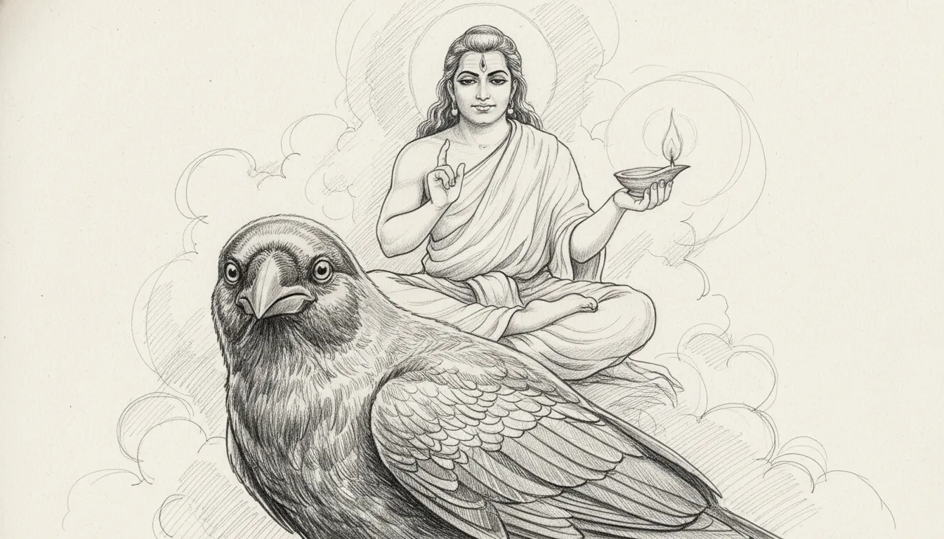 shani dev on crow holding oil lamp deepam to light the path line drawing