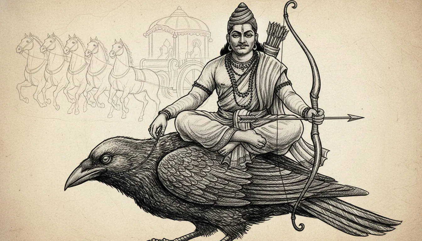 shani dev on crow with seven horses chariot drawn in background sketch