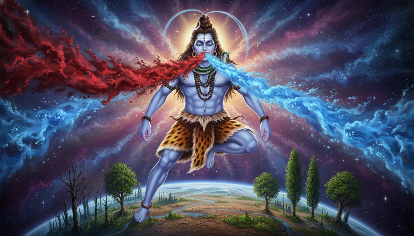 Lord Shiva inhaling a dark red cloud of smoke and fire while exhaling a refreshing blue mist of water vapor