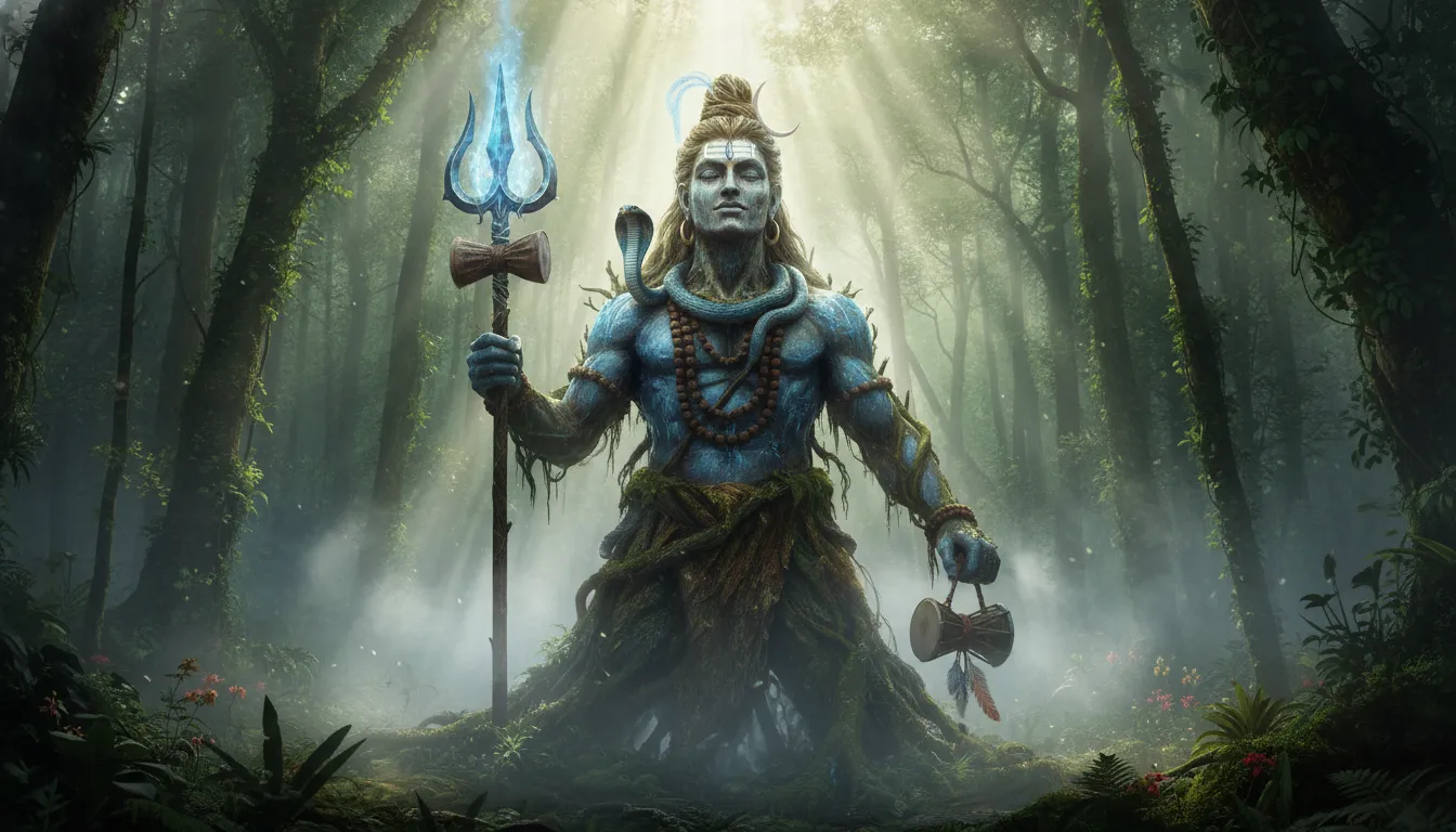 A golden-toned Shiva figure with trident, beads, snake, and drum appearing against a misty green forest background.