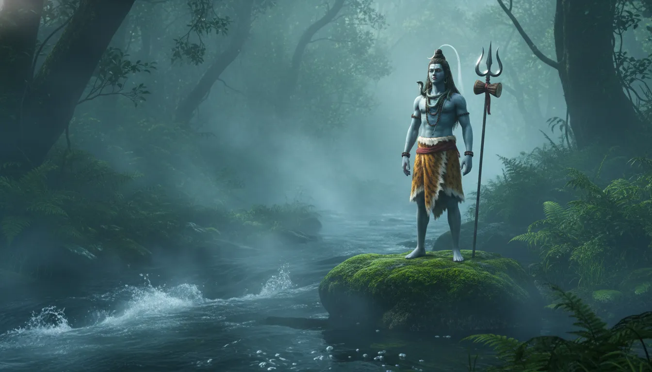 Lord Shiva holding a trident standing next to a crystal clear river stream in a foggy forest