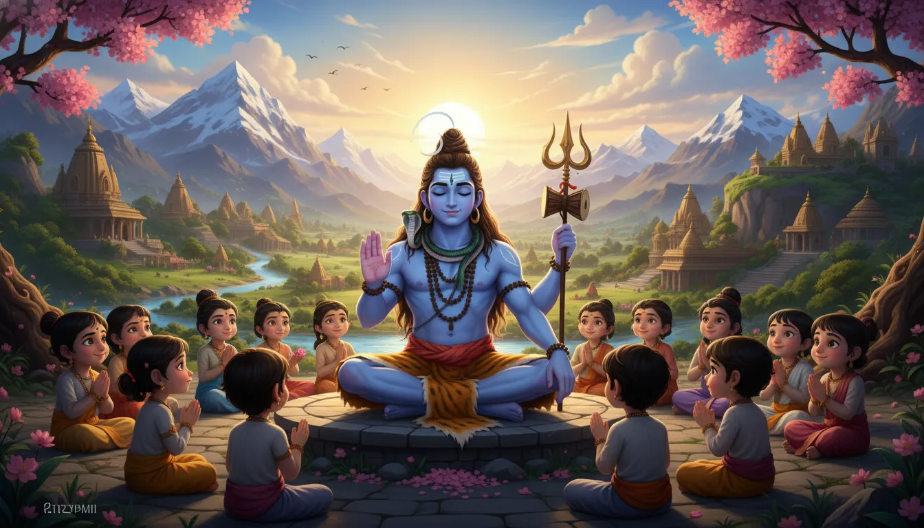 Animated Lord Shiva giving blessings to devotees on a snowy mountain.