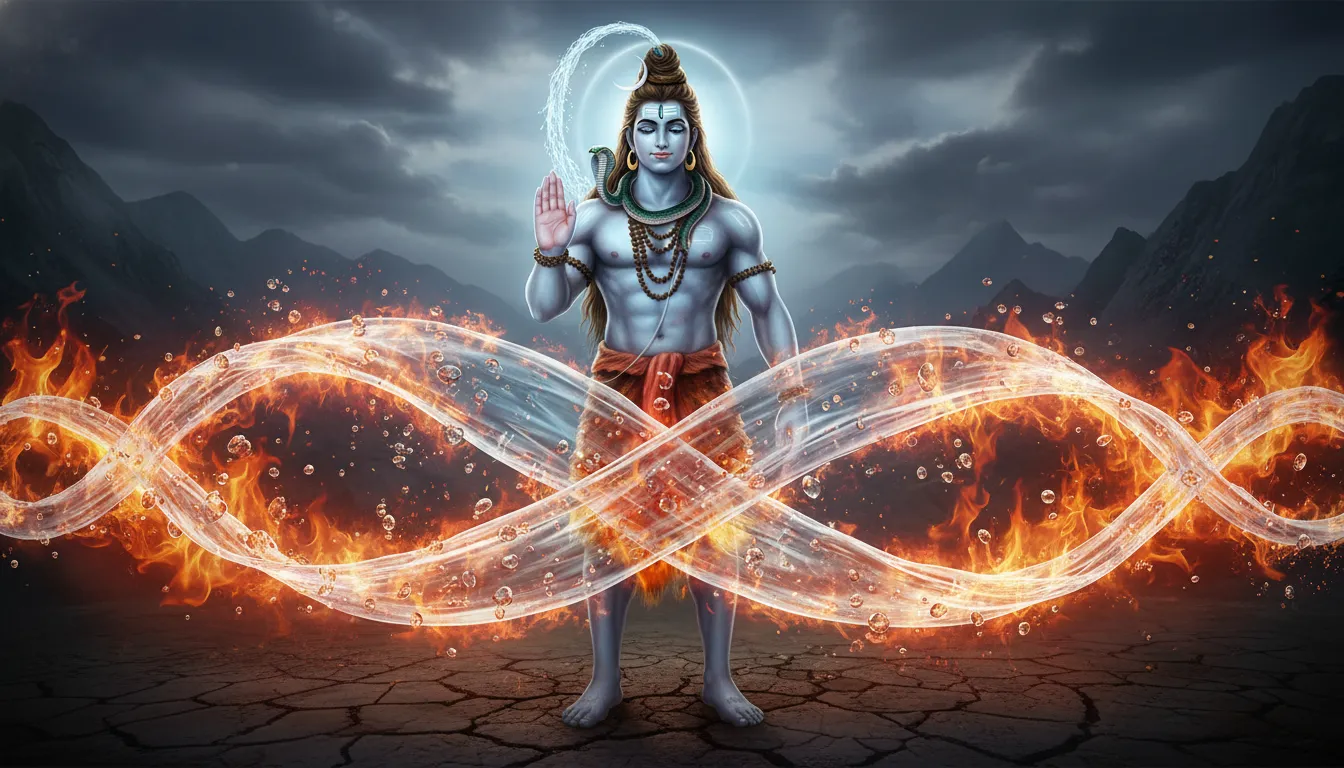 Lord Shiva standing with his hand raised in the Abhaya Mudra blessing gesture behind a protective barrier of water and fire