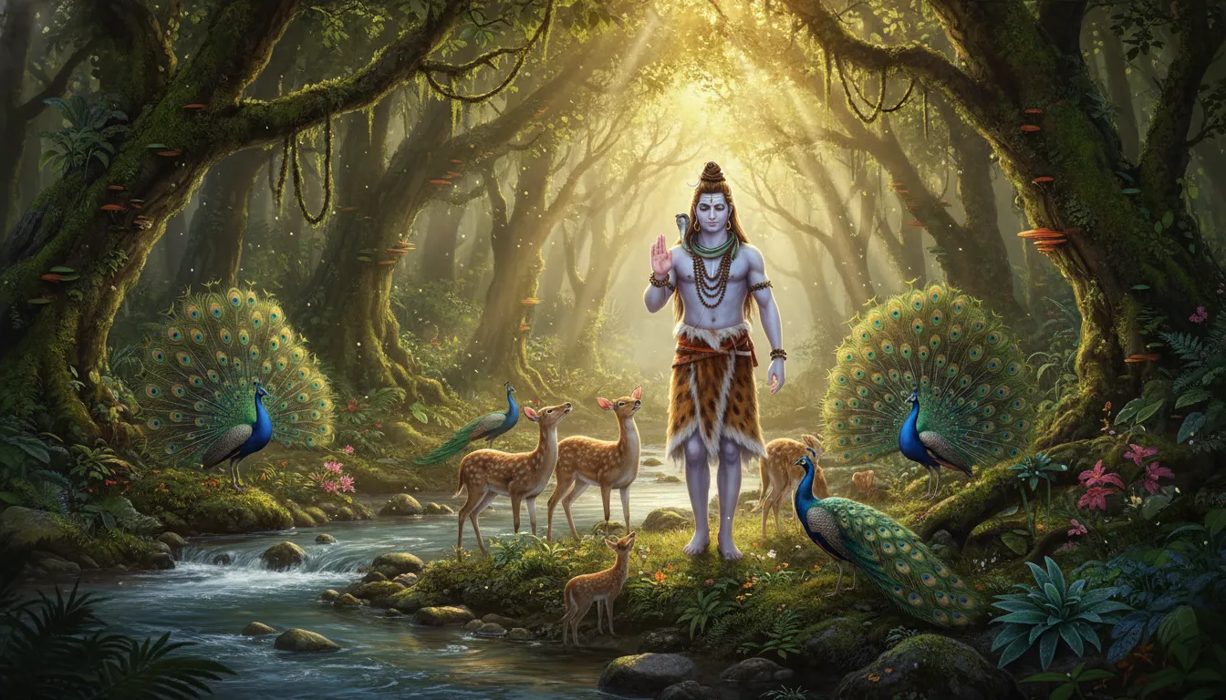 Lord Shiva with hand raised in blessing surrounded by deer and peacocks in a sunlit enchanted forest