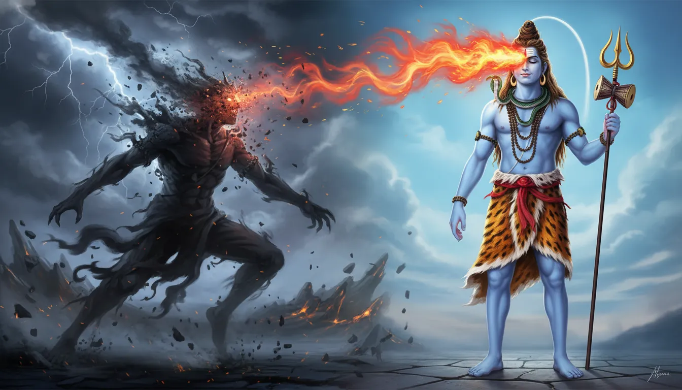 Lord Shiva burning evil demon with third eye fire divine justice