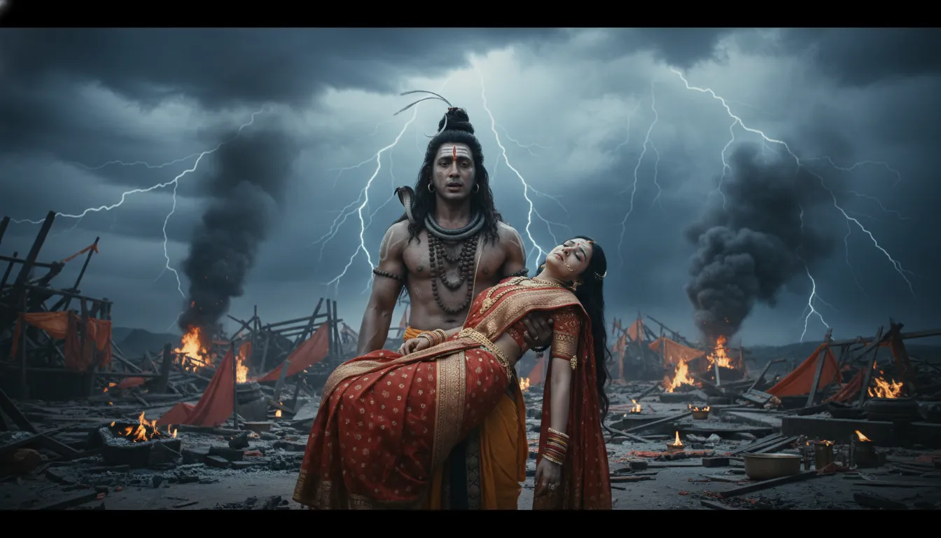 Grief-stricken Mahadev holding Sati after her sacrifice