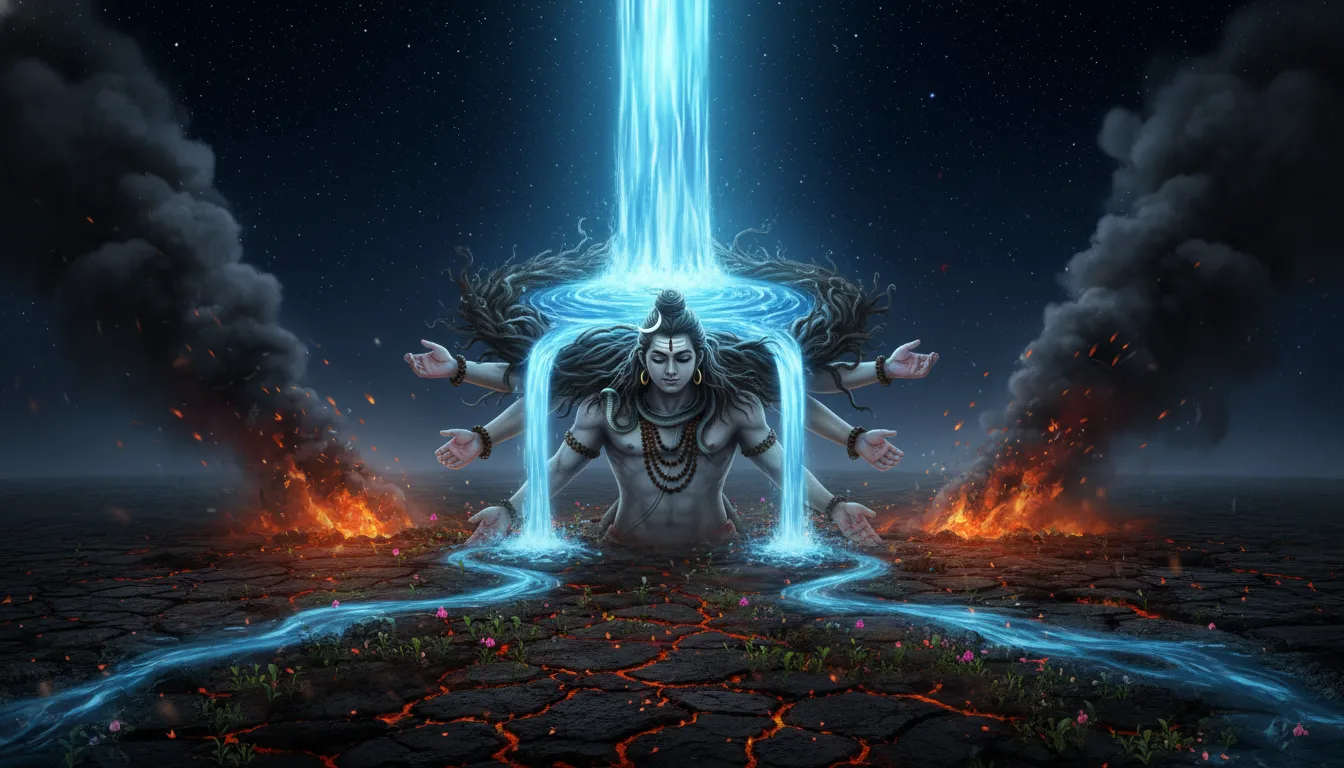 Lord Shiva with the River Ganga descending into his matted hair while surrounded by a ring of volcanic smoke and embers