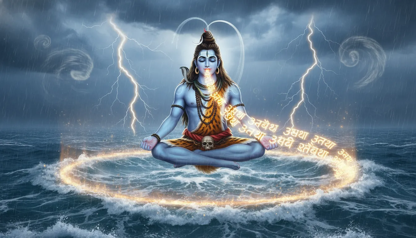 Lord Shiva sitting in a meditative posture floating just above a wild stormy ocean chanting prayers