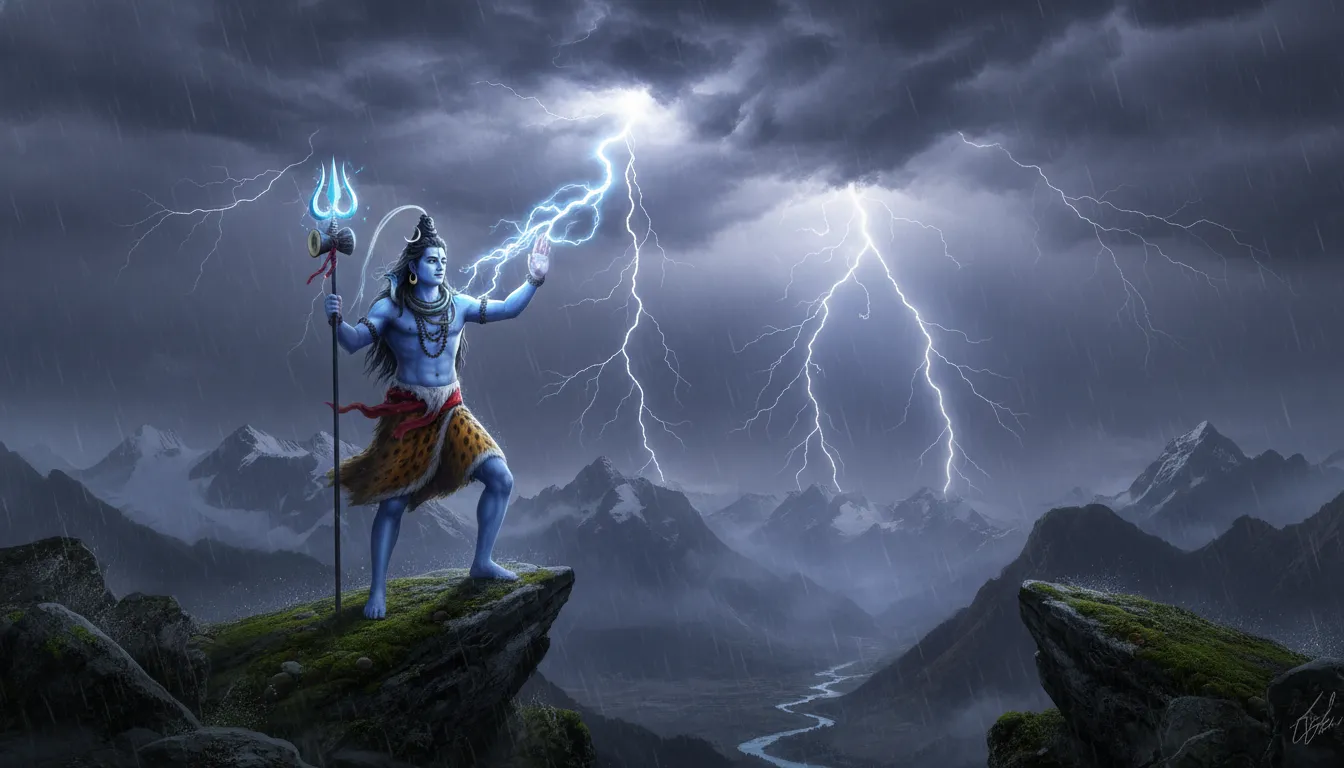 Blue Lord Shiva summoning lightning on a mountain cliff during heavy rain and thunderstorm.