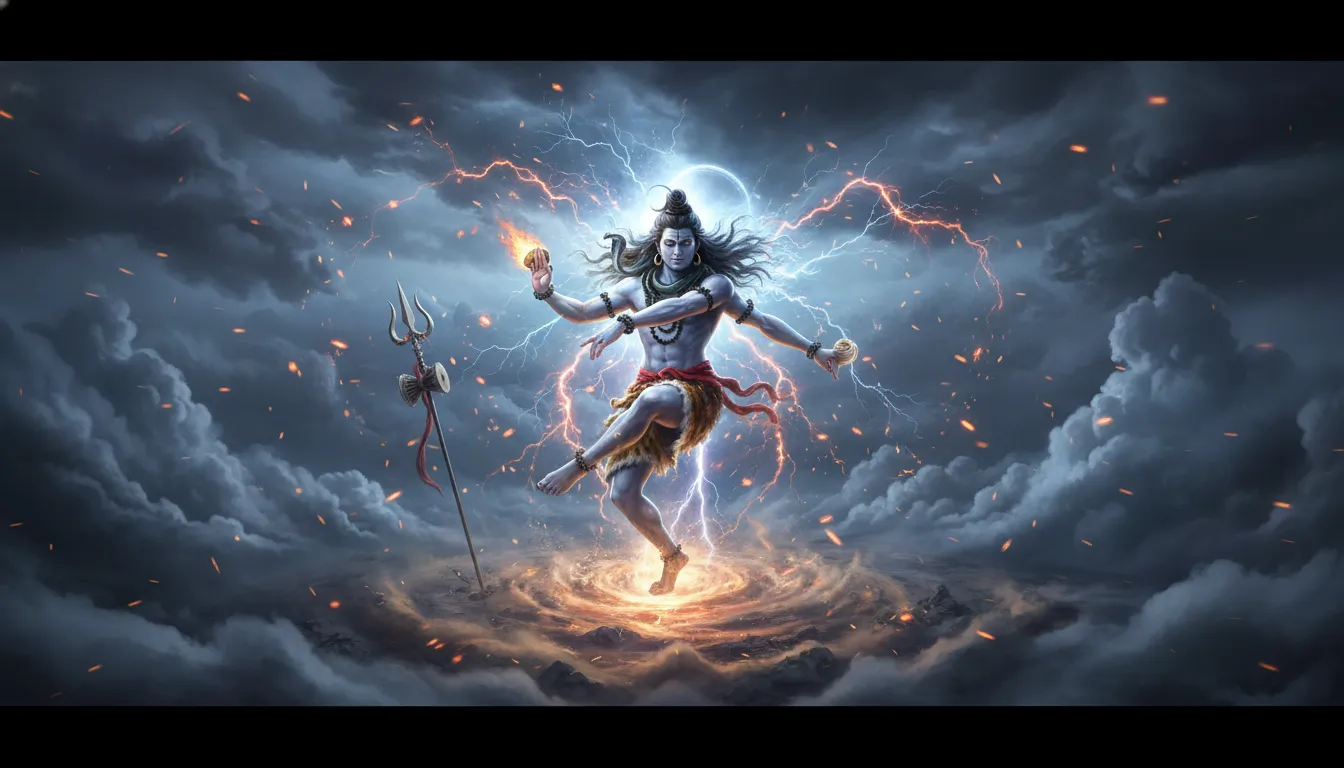 Lord Shiva performing a powerful divine dance surrounded by thunder clouds and sparks