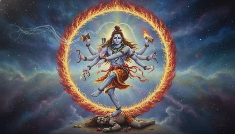 Multi-armed Lord Shiva performing the Tandava dance inside a massive circle of roaring spiritual flames.