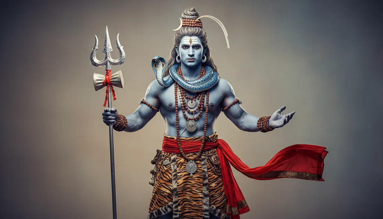 A male performer dressed as Shiva holding a trident and wearing beads, animal-print clothing, and a snake accessory.