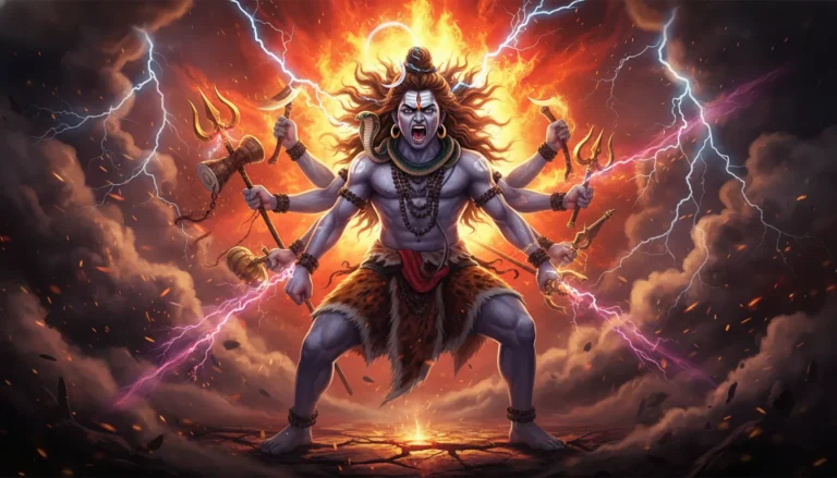 Multi-armed angry Lord Shiva surrounded by fire, thunder, and divine weapons.
