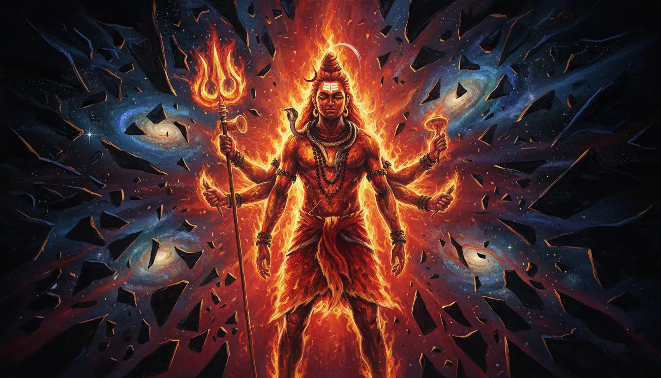 Fiery Lord Shiva artwork destroying darkness with trident.