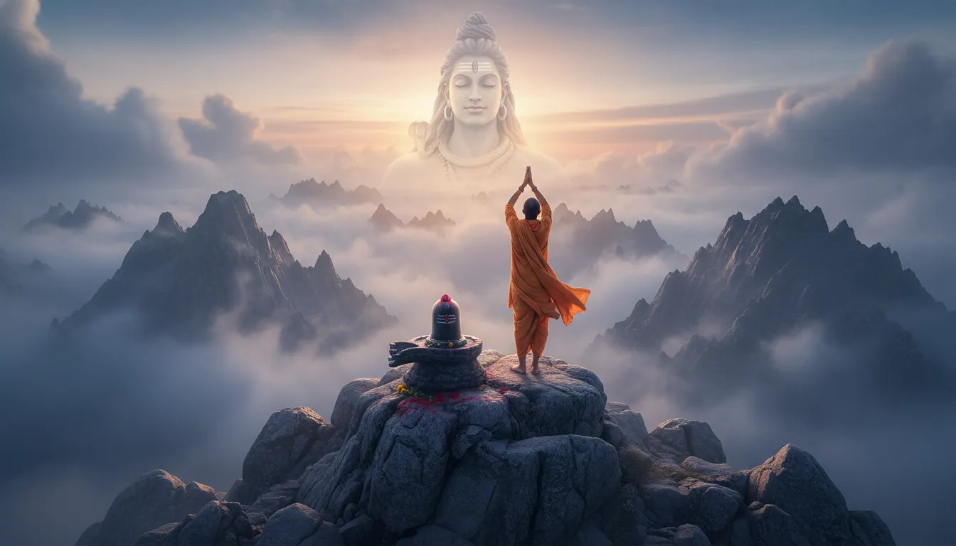 : A devotee standing in a yoga pose near a Shiva lingam with a large divine figure appearing in cloudy skies.
