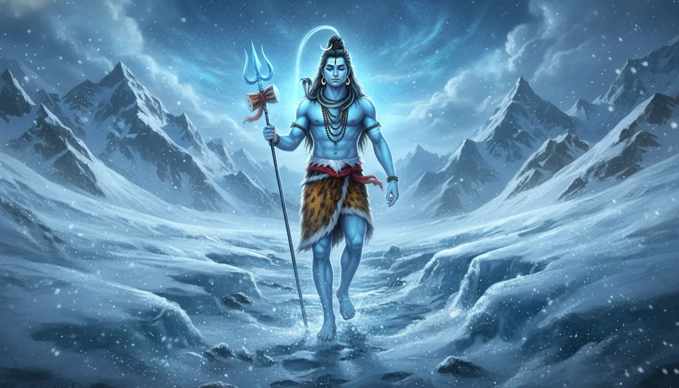 Lord Shiva walking on the icy tracks of Mount Kailash surrounded by a holy blue light.