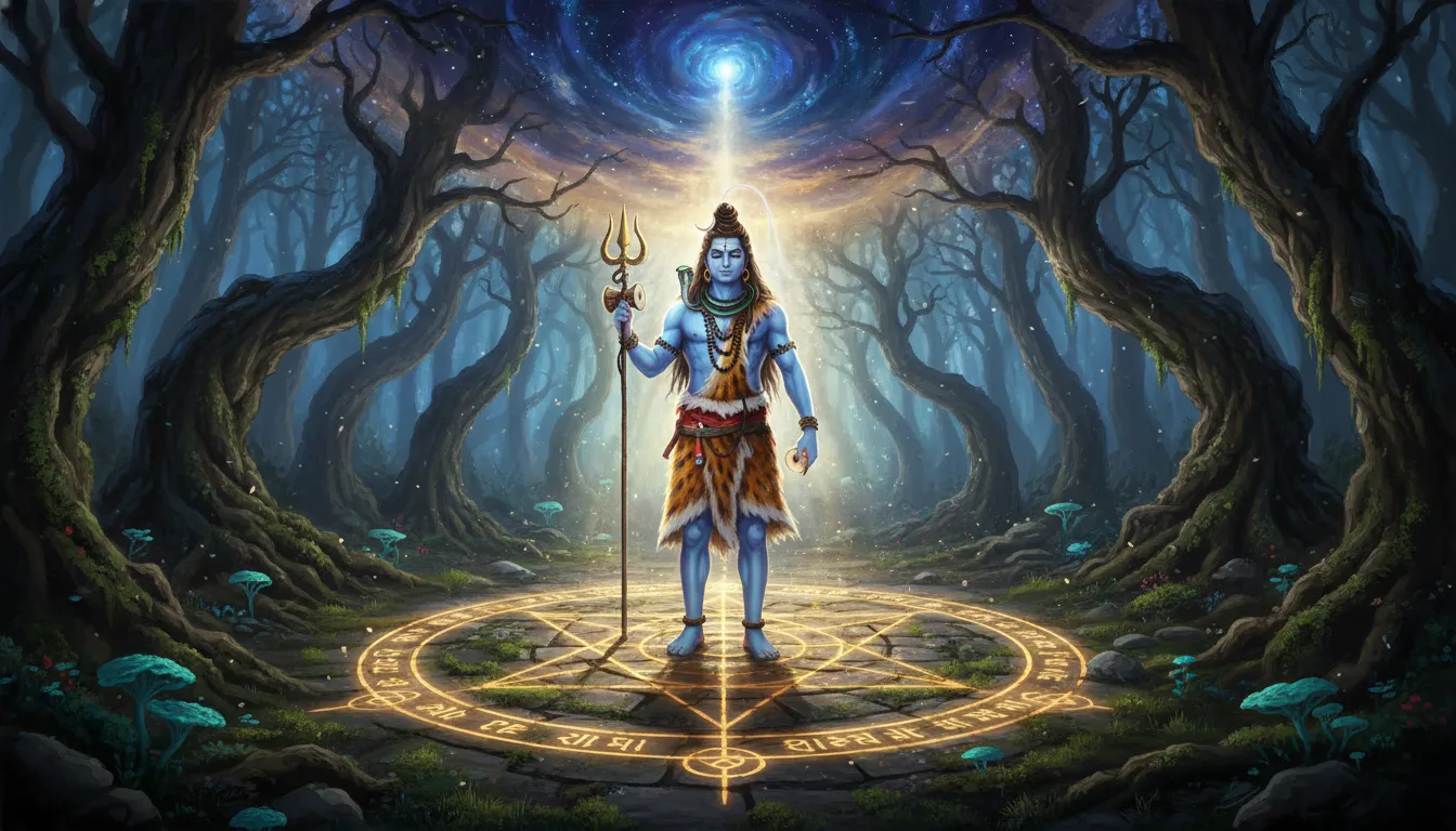 Lord Shiva standing in a mystical forest ringed by glowing ancient Sanskrit symbols on the ground
