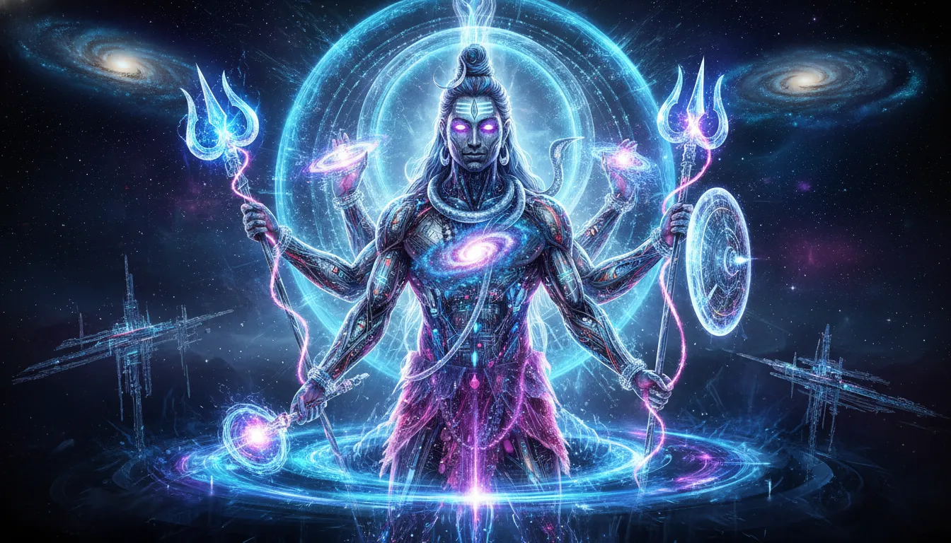 Futuristic Lord Shiva glowing with blue cosmic energy and cyber effects.