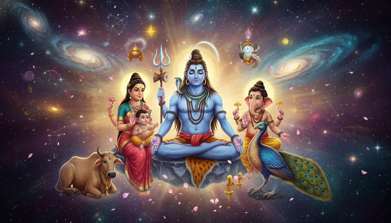 Animated Lord Shiva with small divine figures near him on Mount Kailash.