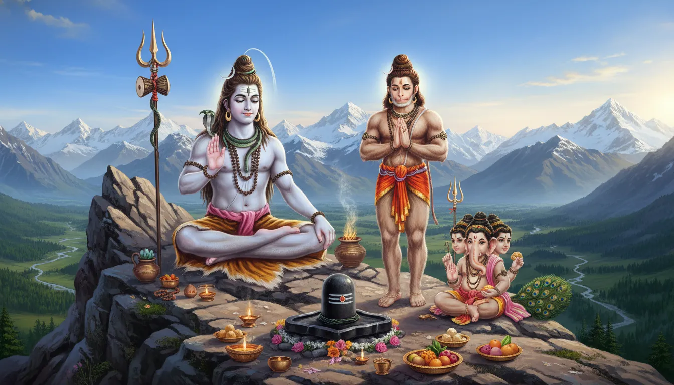 Lord Shiva sits on a mountain peak with Hanuman, Ganesha, and another divine child figure below near offerings and lamps.