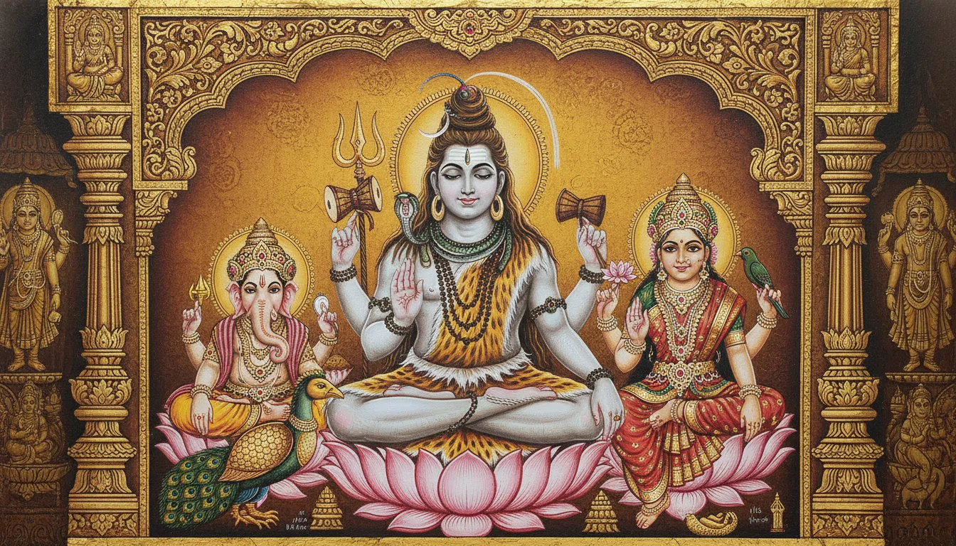 A traditional Tanjore painting of the complete Shiva Parivar with intricate gold leaf work and rich colors.