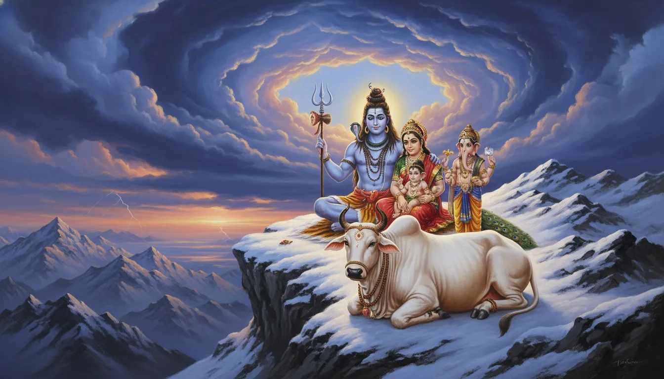 Shiva Parvati with Nandi and children sitting in snowy mountains