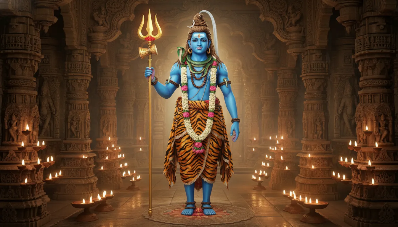 A blue Shiva figure holding a trident inside a dark temple setting surrounded by glowing oil lamps.