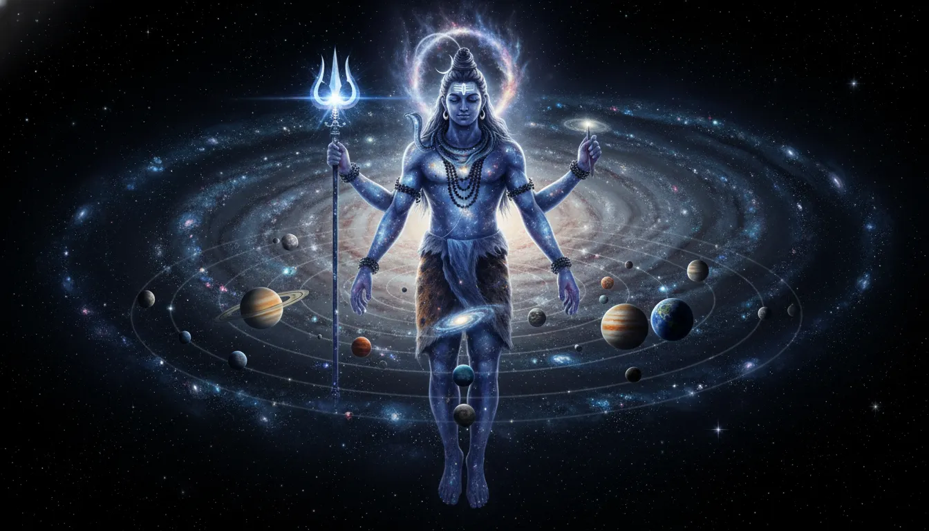 Cosmic Lord Shiva floating in space with planets and glowing trident.