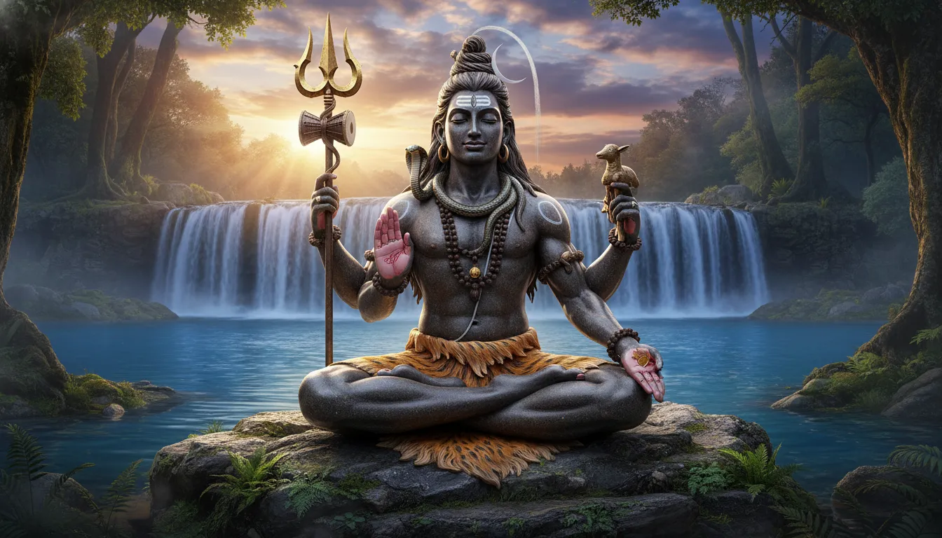 close-up of Lord Shiva statue sitting on rock holding trident with blessing hand gesture