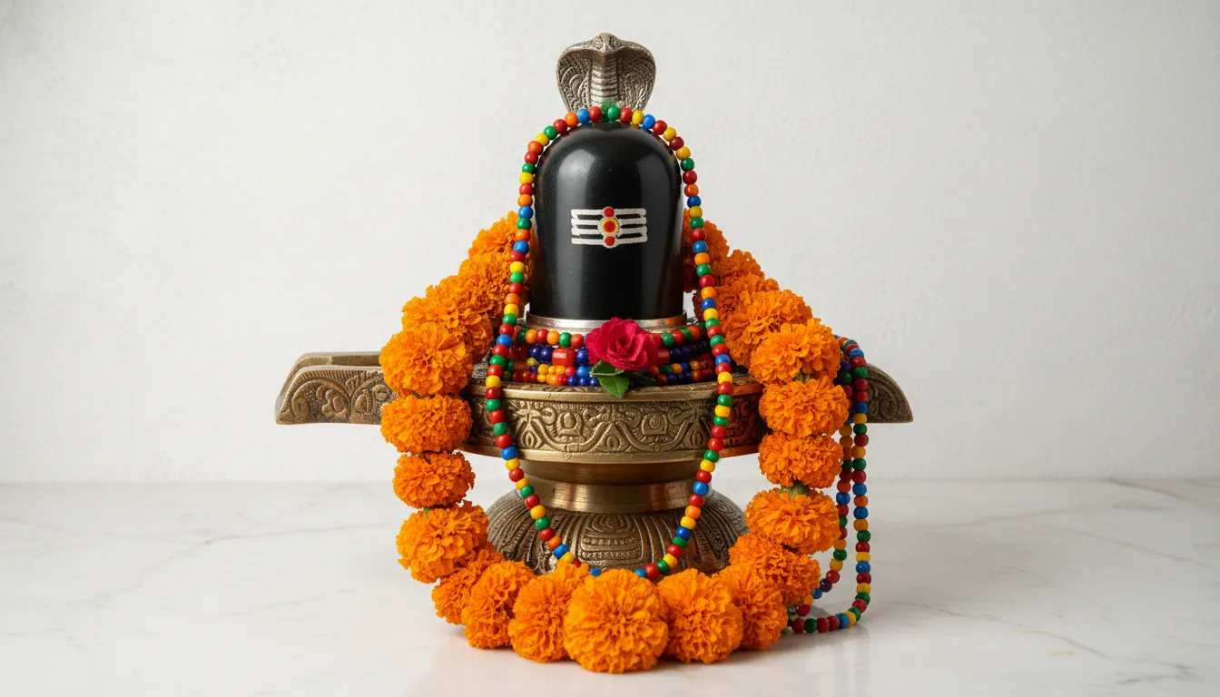 Sacred lingam covered with orange flower garlands and colorful beads