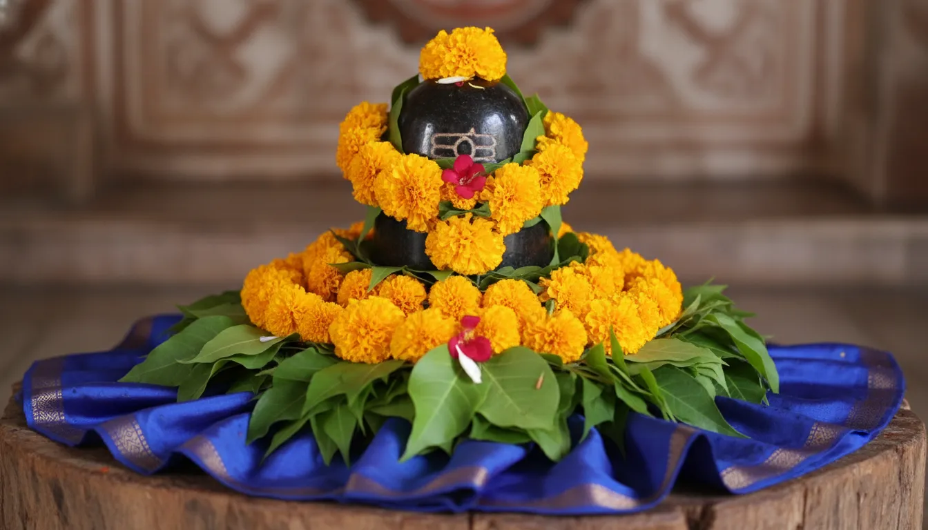 Shiva lingam decorated with layers of flowers, beads, and colorful garlands in a temple