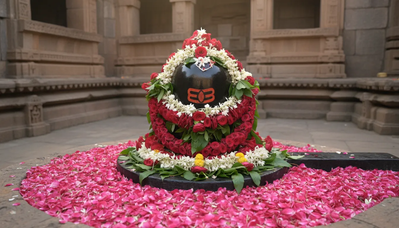 Shiva lingam decorated with red roses, green leaves, and pink petals in a stone temple setting.