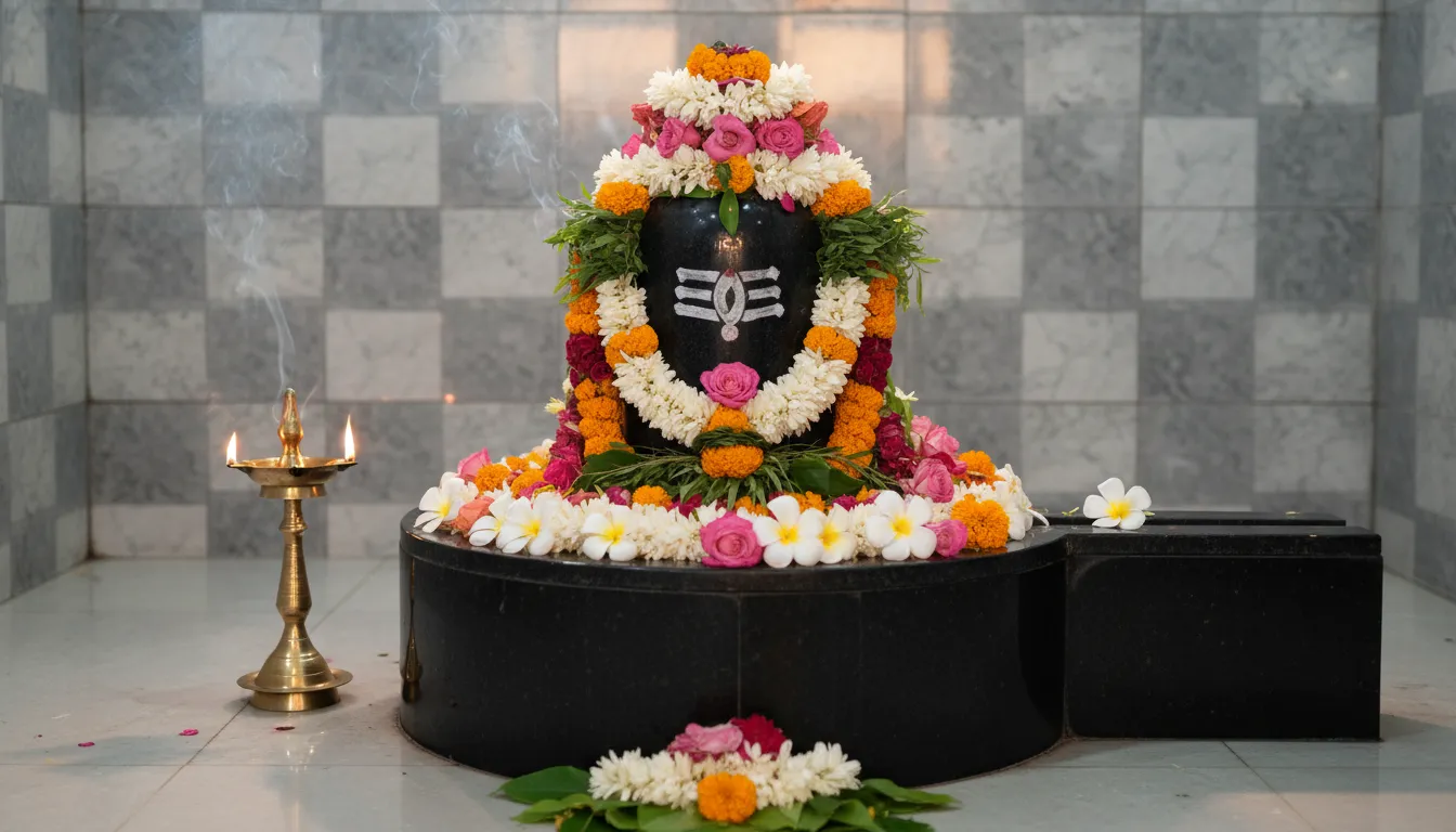 Shiva lingam decorated with colorful flowers placed on a black pedestal indoors