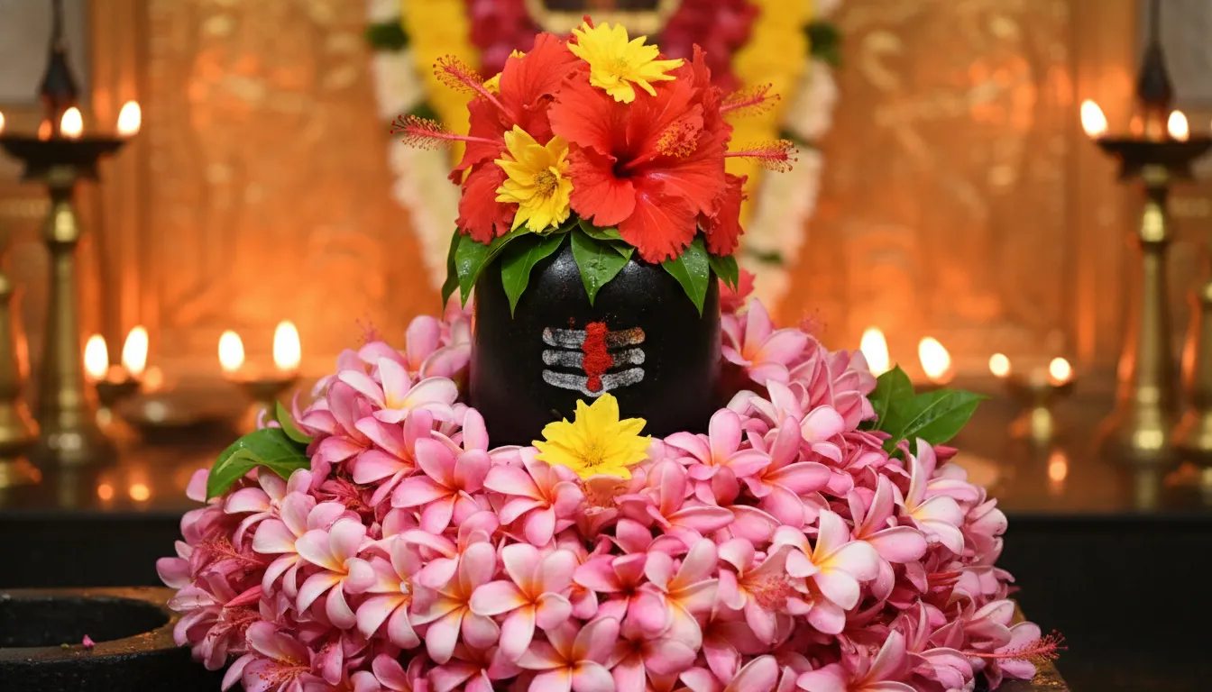 Shiva lingam surrounded by pink flower garland and topped with red and yellow hibiscus flowers