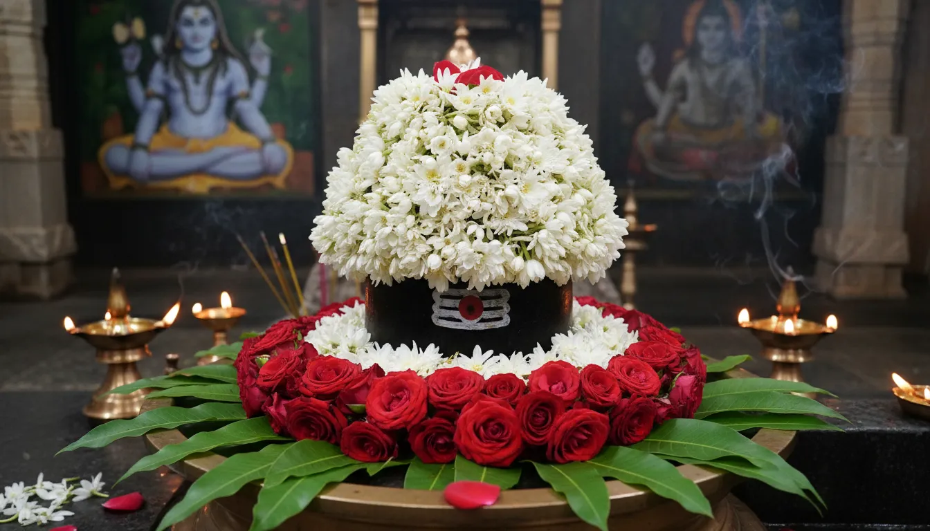 Shiva lingam covered with white flowers and surrounded by red rose garland and green leaves