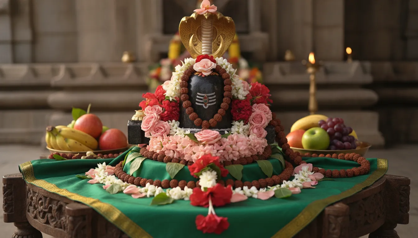 A Shiva lingam decorated with roses, petals, fruits, green cloth, and a crescent ornament.