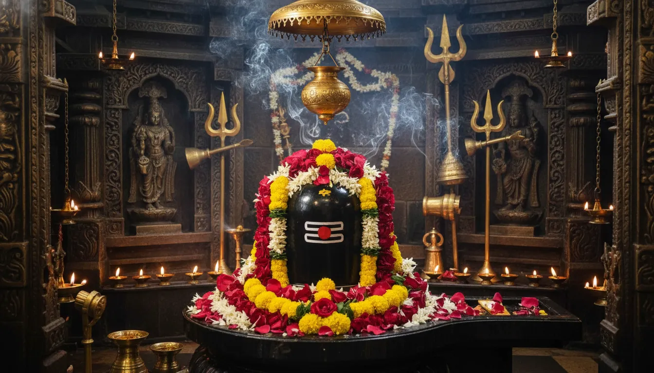 A black Shiva Lingam decorated with flowers beneath a golden hanging vessel inside a warm temple shrine.