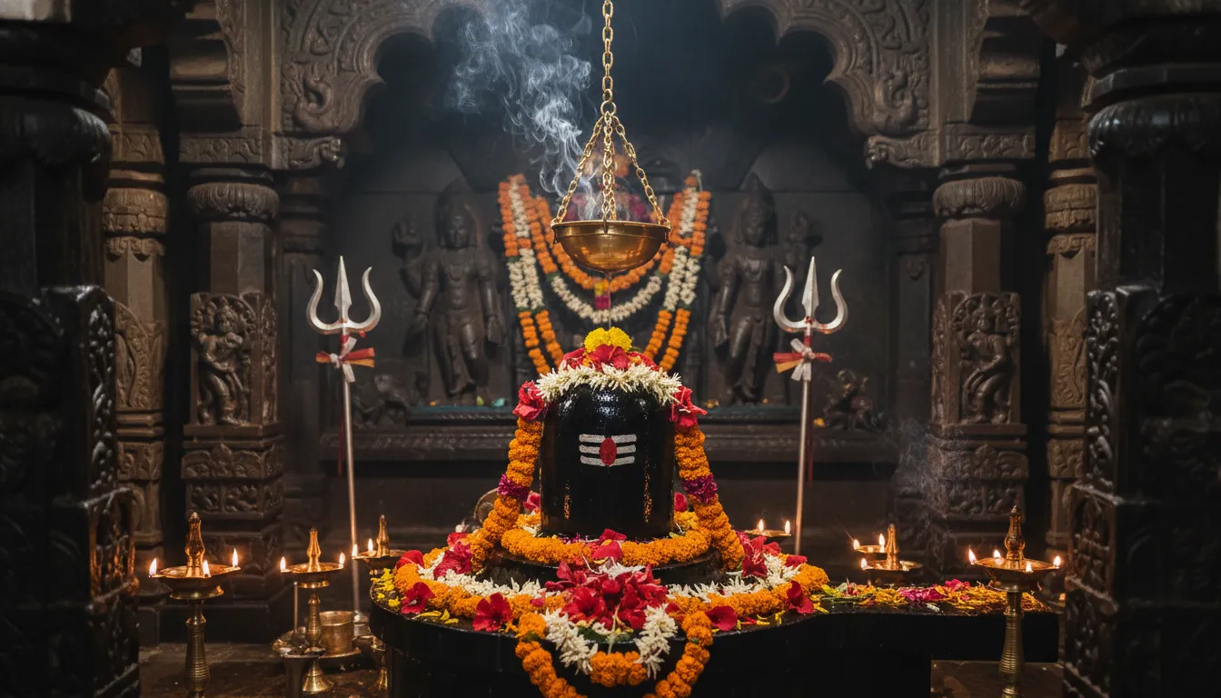 A black Shiva Lingam decorated with flowers beneath a golden hanging vessel inside a warm temple shrine.
